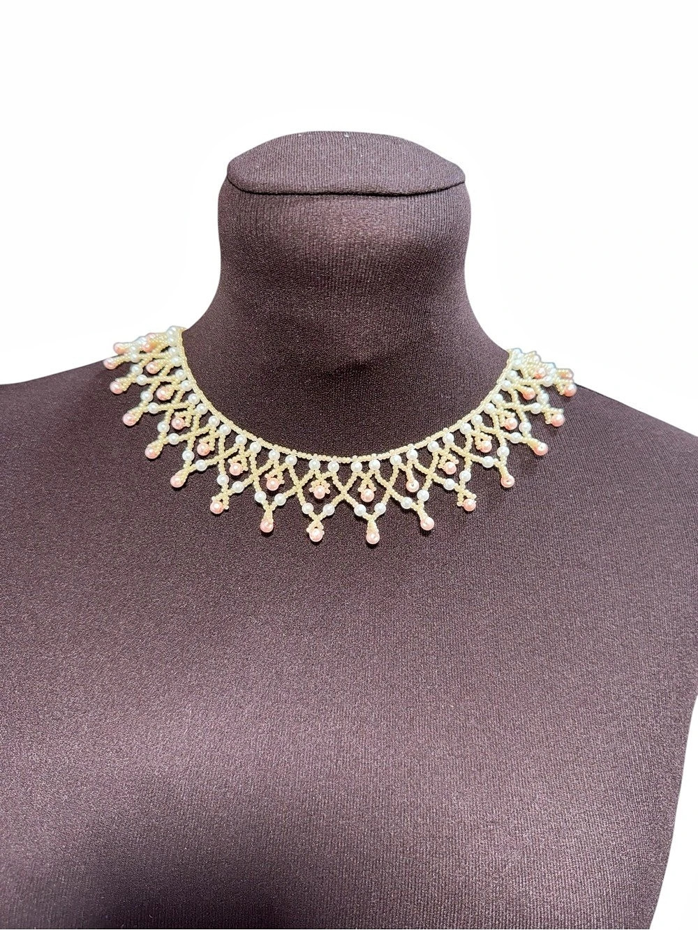 Handmade Butter Pink Beaded Necklace Statement Choker Holiday Party Jewelry